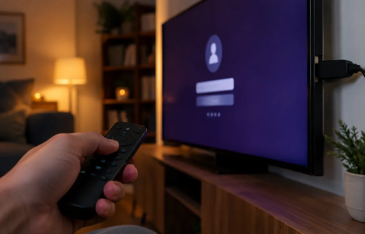 Main tenant une télécommande devant une TV affichant l'écran de connexion de l'application IPTV