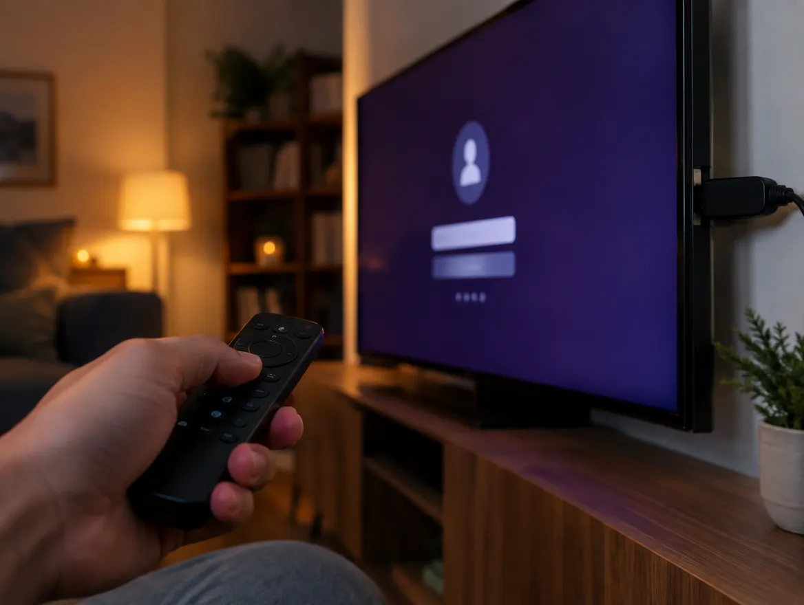Main tenant une télécommande devant une TV qui affiche l'écran de connexion de l'application IPTV
