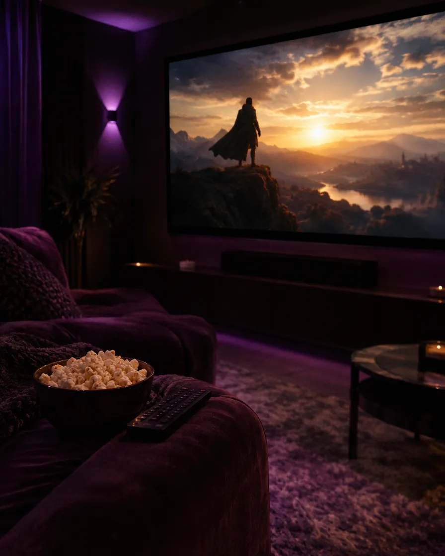 Coin home cinéma avec une TV affichant une scène de film au coucher du soleil