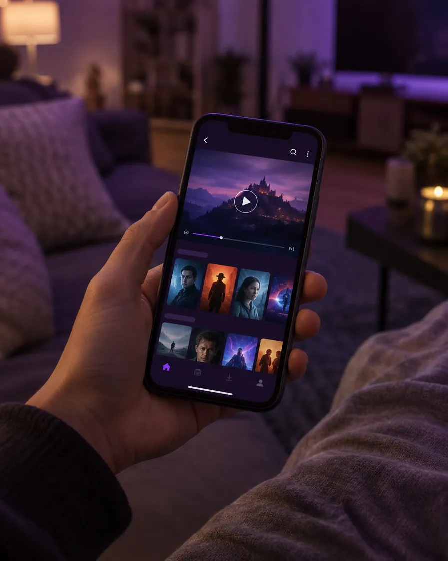 Smartphone affichant l'application IPTV avec une vidéothèque de films