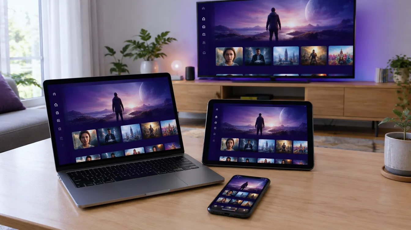 Ordinateur portable, tablette, smartphone et TV affichant la même interface IPTV