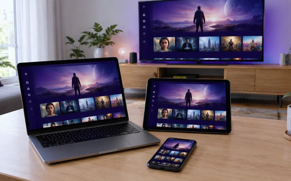 Ordinateur portable, tablette, smartphone et TV affichant la même interface IPTV sur une table
