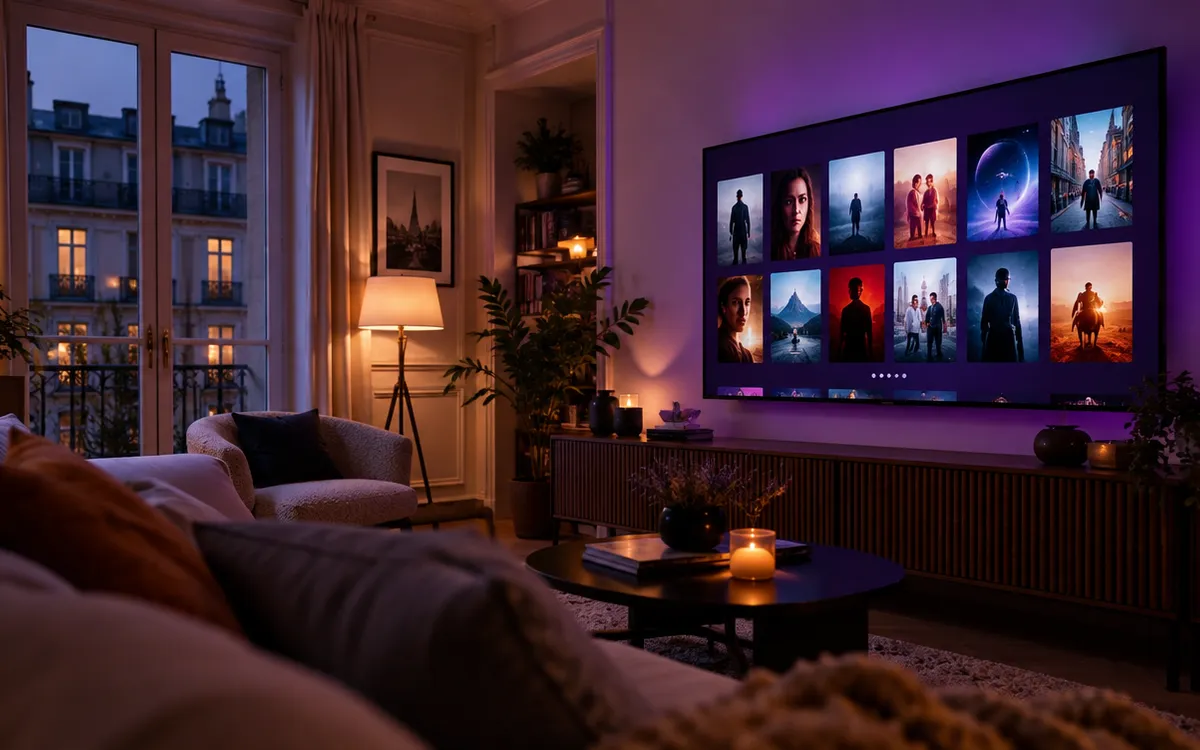 Grande TV dans un salon parisien affichant une interface IPTV avec des vignettes de films