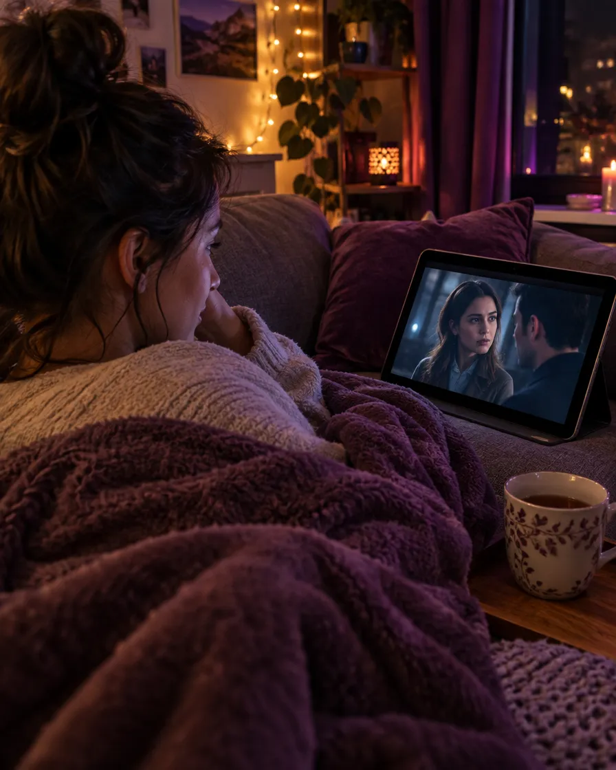 Femme sous un plaid regardant une série sur une tablette le soir