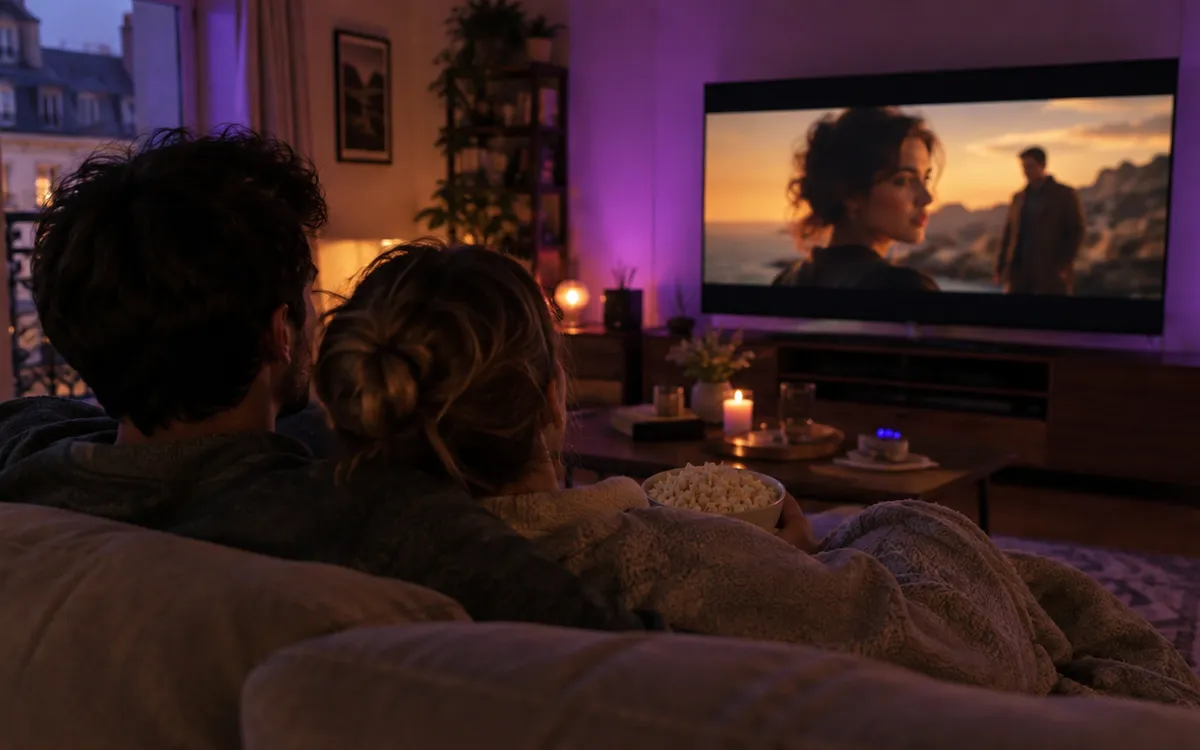 Couple regardant un film sur une grande TV dans un salon éclairé en violet