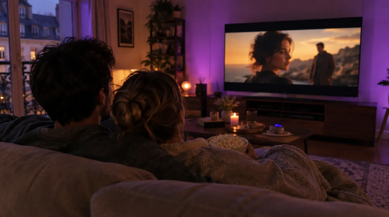 Couple regardant un film sur une grande TV dans un salon éclairé en violet